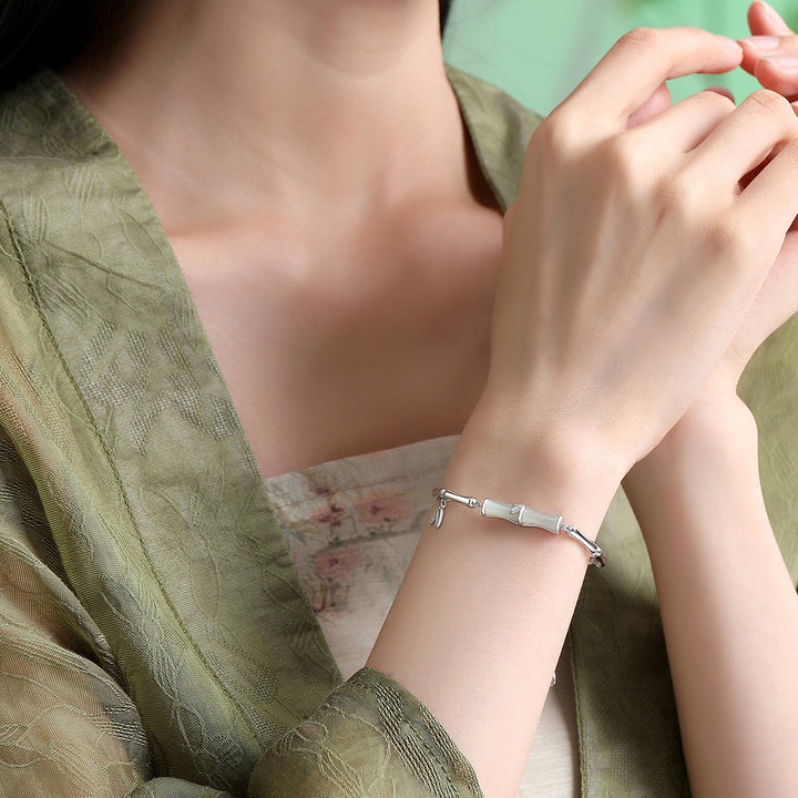 Бамбуковый браслет женский серебряный орнамент