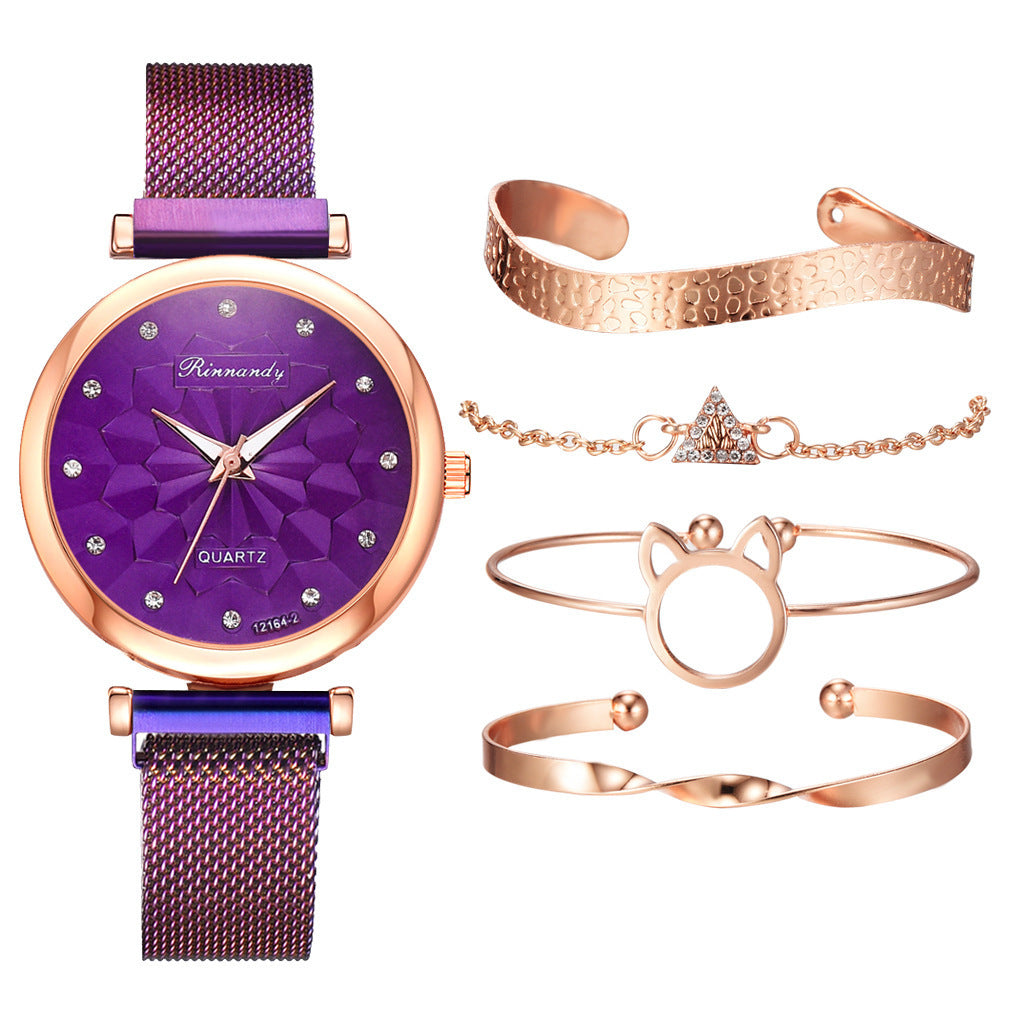 Flower Magnetic Buckle Milan Mesh Strap Watch Bracelet Suit