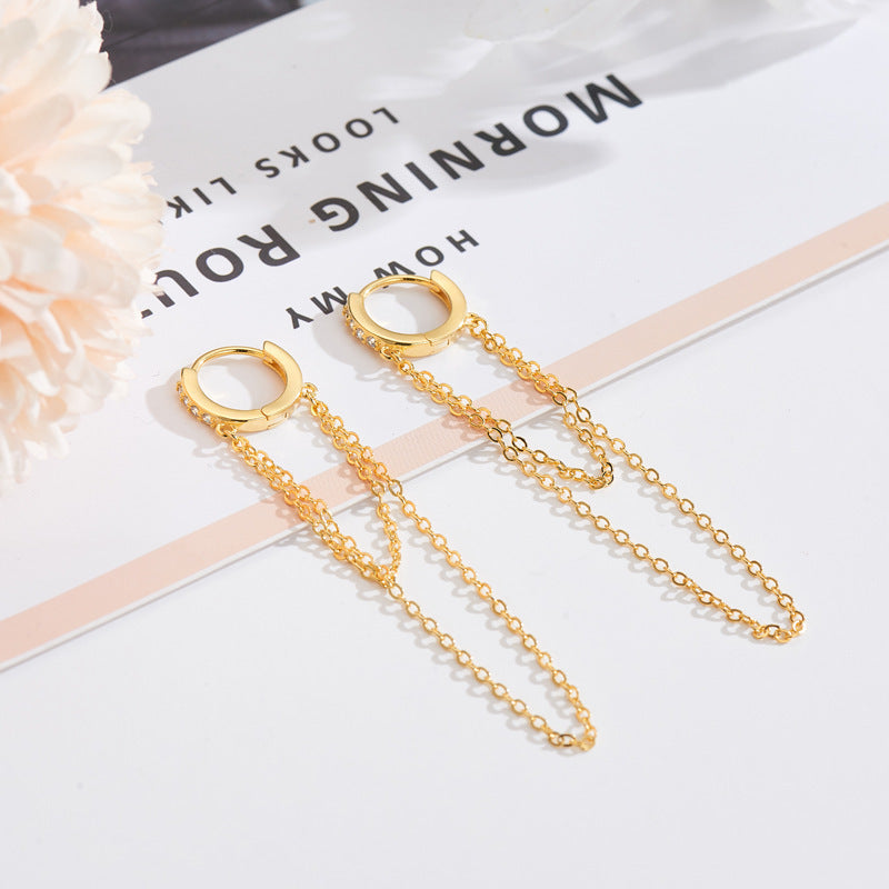 Simple And Fashionable Long Tassel Chain Zircon Earrings