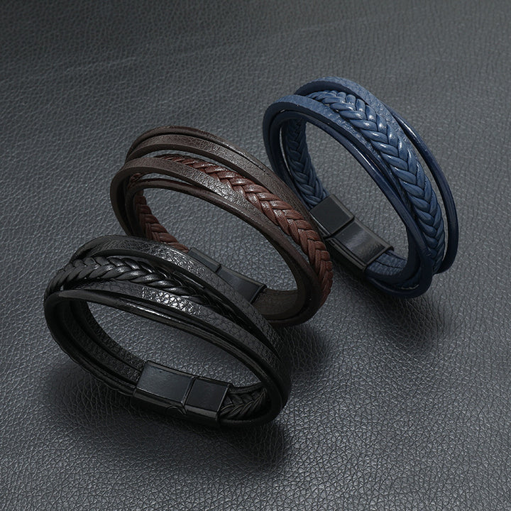 New Men's Magnetic Snap Bracelet Leather Rope Handmade Braided Bracelets European And American Retro Multi-layer Bracelet