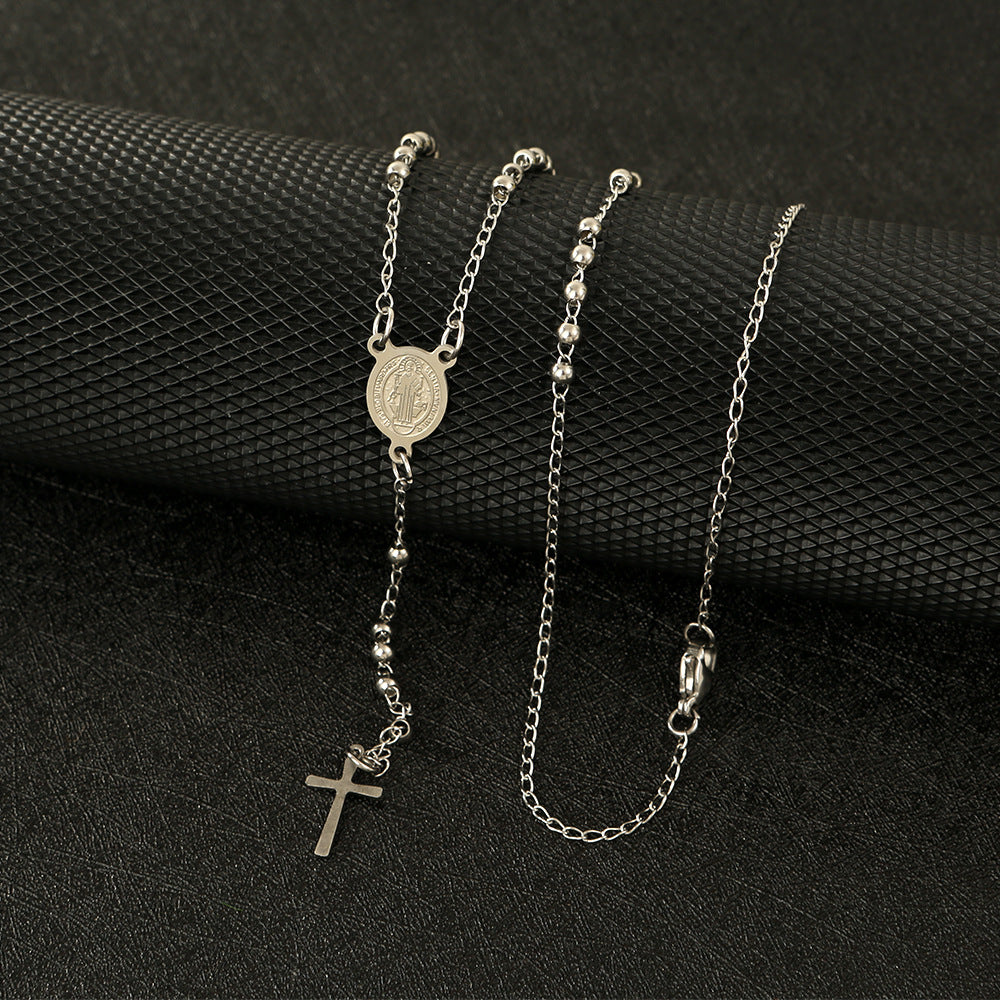 3mm Stainless Steel Round Beads Three-color Cross Lady Necklace