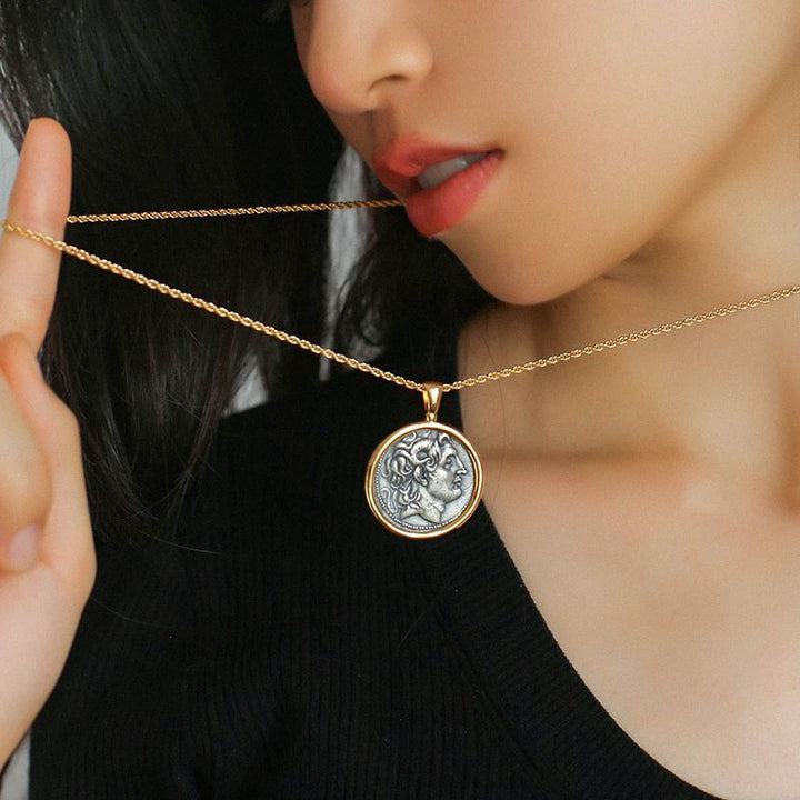 Monedă de argint Colier lung Lanț retro simplu pentru femei