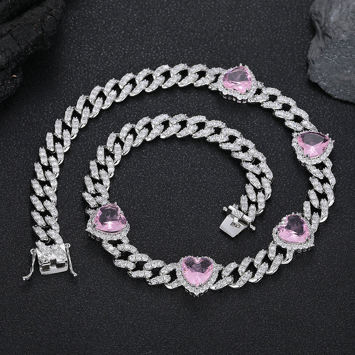 Love Collana femminile della catena di collegamenti cubani zircani rosa