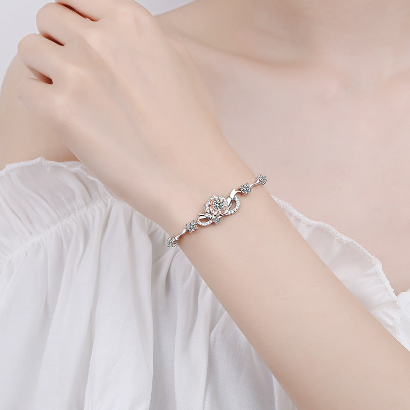 A Rose Bracelet Female S925 Silver Bracelet Inlaid Moissanite Bracelet