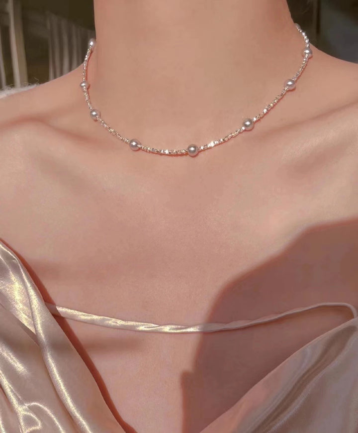 Bucăți mici de colier de perle de argint lanț de claviculă feminină