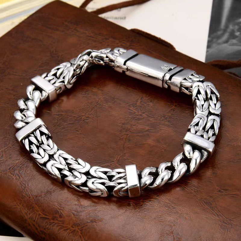 S925 Sterling Silver Trendy Men's Personalized Bracelet New Chinese Style Double Woven Safety Pattern Handmade Chain