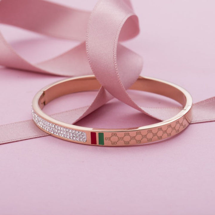 Rose Gold Plated Titanium Steel Bracelet With Red And Green Diamonds