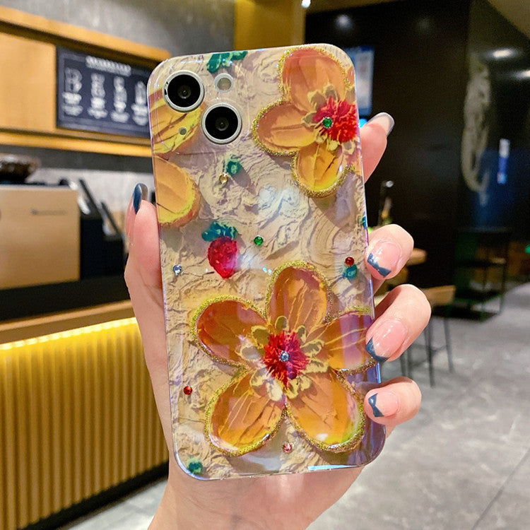Mobile Phone Case Oil Painting Flower Blue Light Inlaid With Diamond Drop Glue Soft