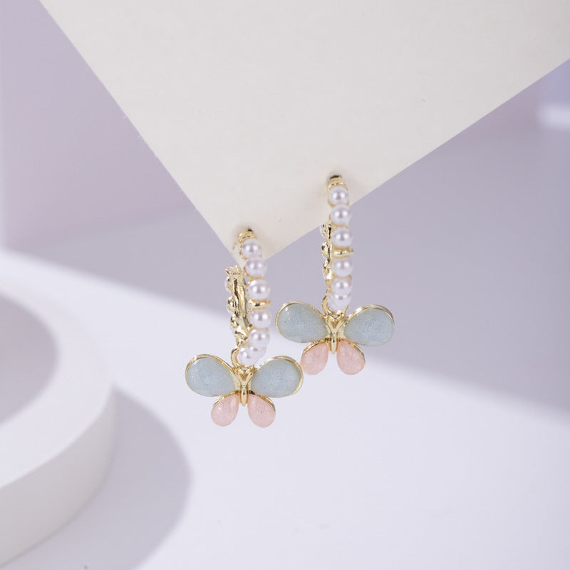 Silbernadel Schmetterling Perlen süße Ohrringe Mode