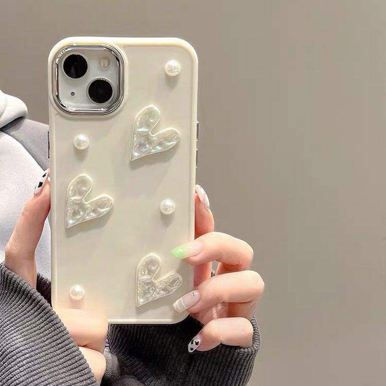 Milky White Cute Small Pearl Pleated Heart Mobile Phone Shell