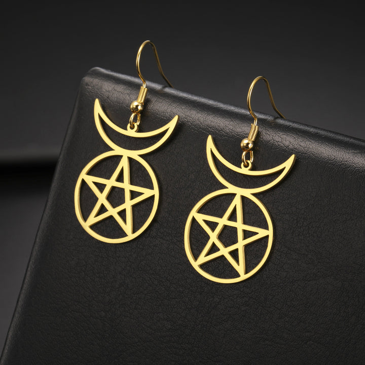 High Profile And Generous Earrings Hollow Out Pentagram Moon Pendant Stainless Steel