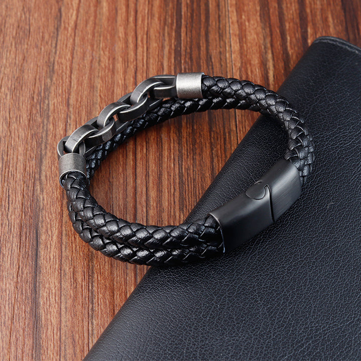 Bracelet de chaîne en cuir noire en noir boucle magnétique