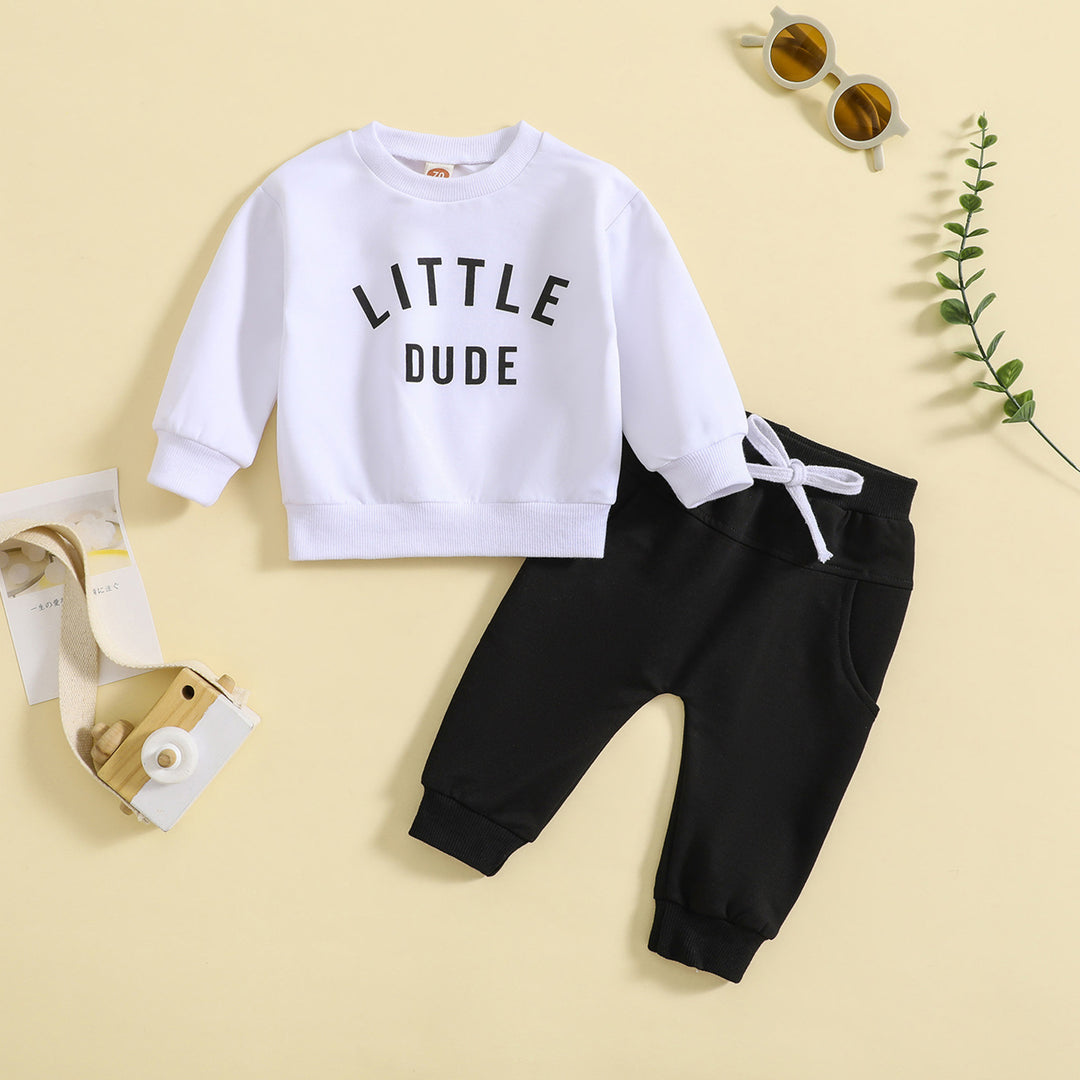 Children's Clothing Round Neck Letter Print Top Solid Color Trousers