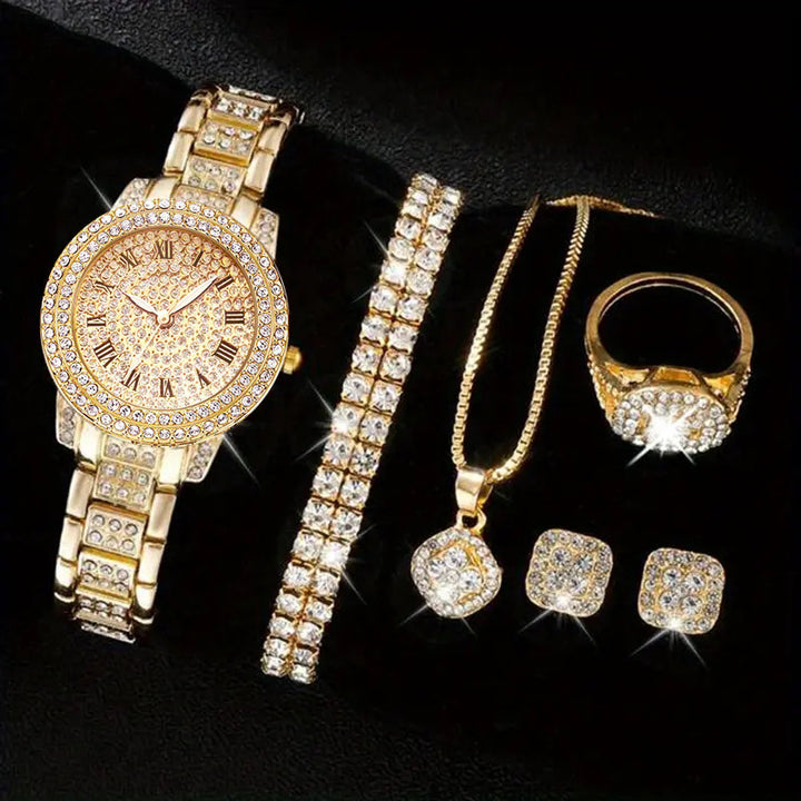 Frauen Diamond Fashion Roman Quartz Watch Fünf-teiliges Set