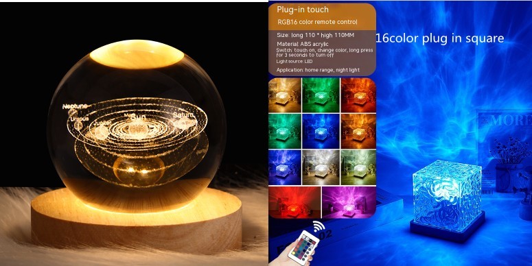 Acqua a trazione dell'acqua Ambient Night Light Ambient Light USB Proiezione Rotazione Crystal Table Lampada RGB Dimmabile Decorazione per la casa 16 Gift di colore