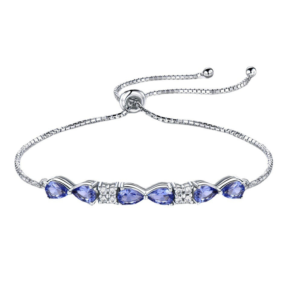 Pulsera ajustable de la cadena de caja de zafiro azul de plata esterlina S925 para mujeres