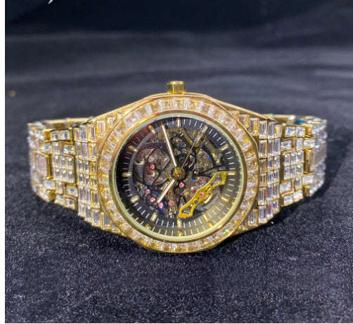 Hip Hop Full Square Diamond Luminous Hold Mechanical Watch