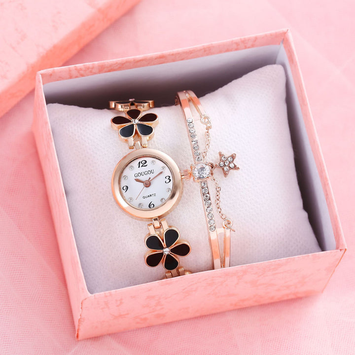 Set de brazalete de reloj de cuarzo estampado de pétalo de damas