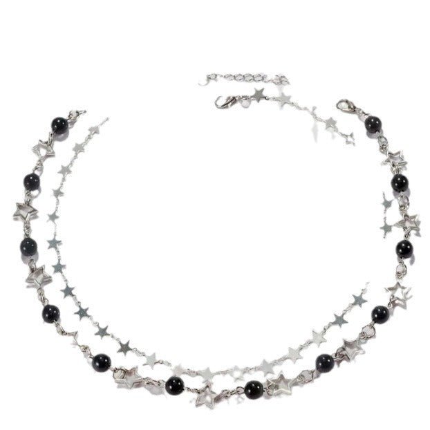 Perle ausgehöhltes Fünf-Punkt-Stern-Schlangeblatte Einfaches Temperament heißes Mädchen Punk Star Round Perlen Halskette