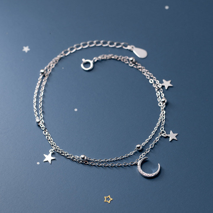 Genuine 925 Sterling Silver Fashion Double Chain Moon Star Bracelet For Women