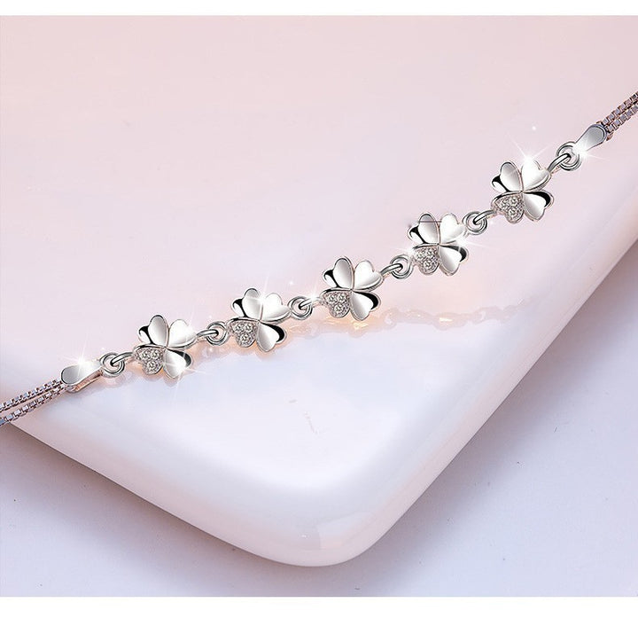 Lucky Four-Leaf Clover Silver Plated Bracelet Micro Rhinestone 925 Jewelry Japanese And Korean Simple Fashion