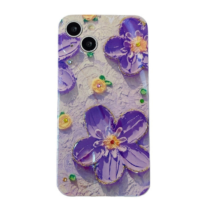 Mobile Phone Case Oil Painting Flower Blue Light Inlaid With Diamond Drop Glue Soft