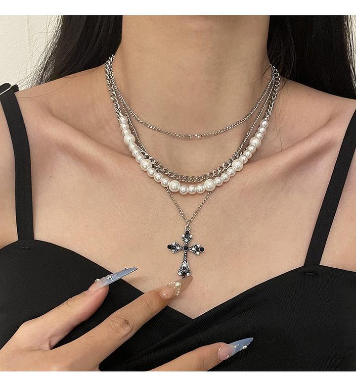 Mote personalisert flerlags perle kryss anheng halskjede clavicle chain for kvinner temperament smykker tilbehør gaver
