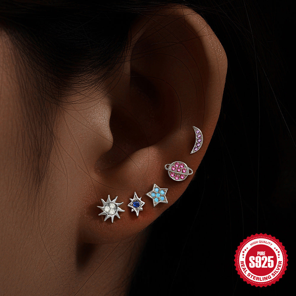 Fashion S925 Sterling Silver Star Moon Color Diamond Earrings 5-piece Set