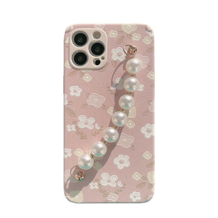 Oil Painting Floral Phone Case Pearl Chain