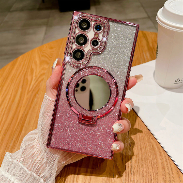 Rhinestone Glitter Magnetic Suction Mirror Bracket Drop-resistent Soft Case Telefonveske