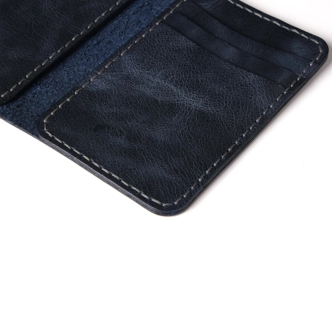 Billetera de cuero hecha a mano vertical azul