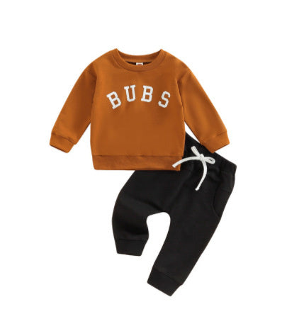 Children's Clothing Round Neck Letter Print Top Solid Color Trousers