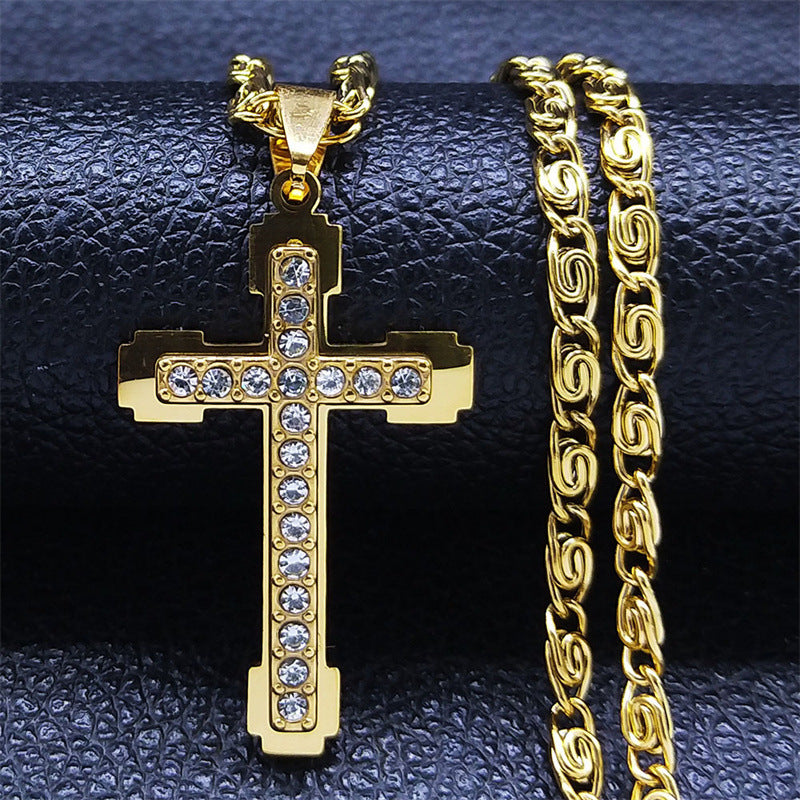 Special-interest Design High-grade Stainless Steel Cross Shelf Necklace Diamond Inlaid Clavicle Chain