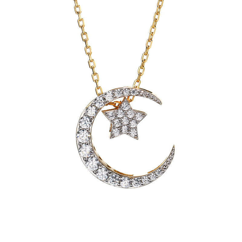 Damen Sterling Silber mit zwei Farben Pentagramm Mond Full Diamond Halskette