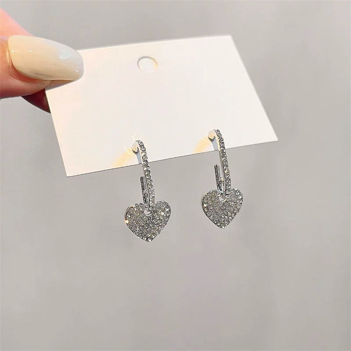 Silver Needle And Diamond Heart Earrings Fashion
