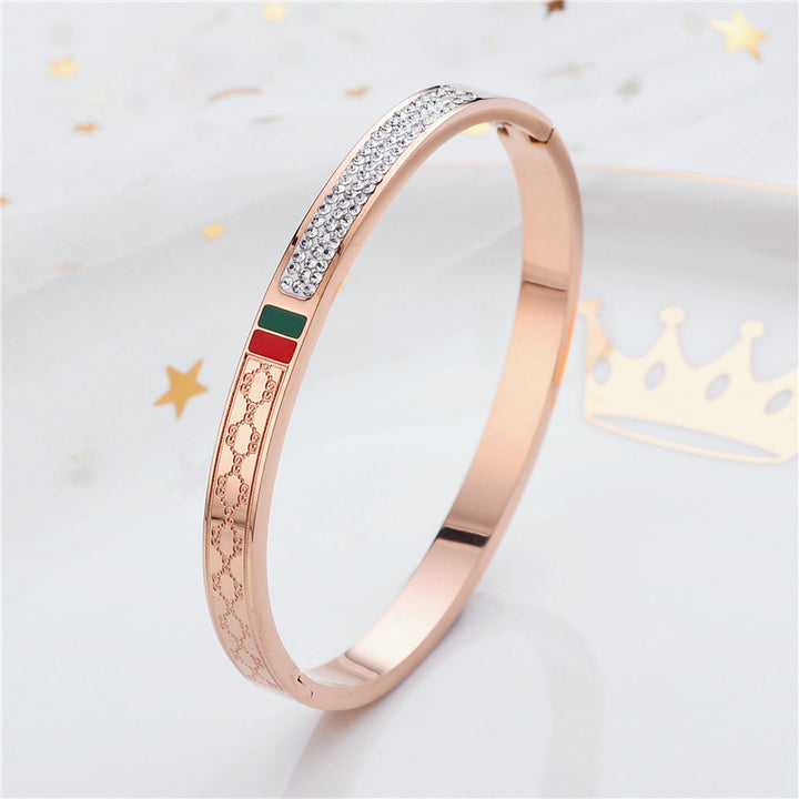 Rose Gold Plated Titanium Steel Bracelet With Red And Green Diamonds