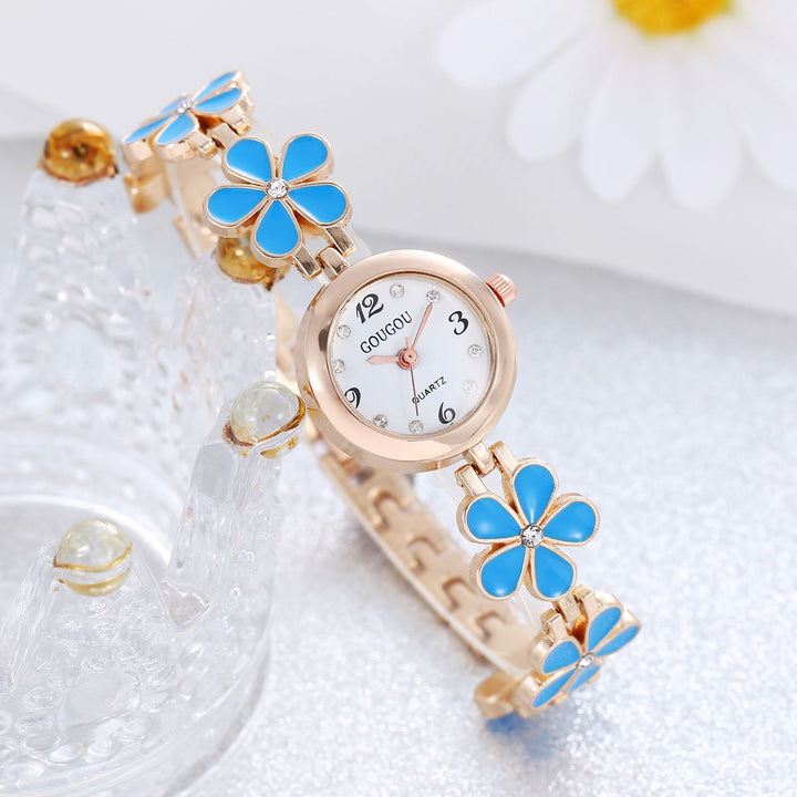 Set de brazalete de reloj de cuarzo estampado de pétalo de damas