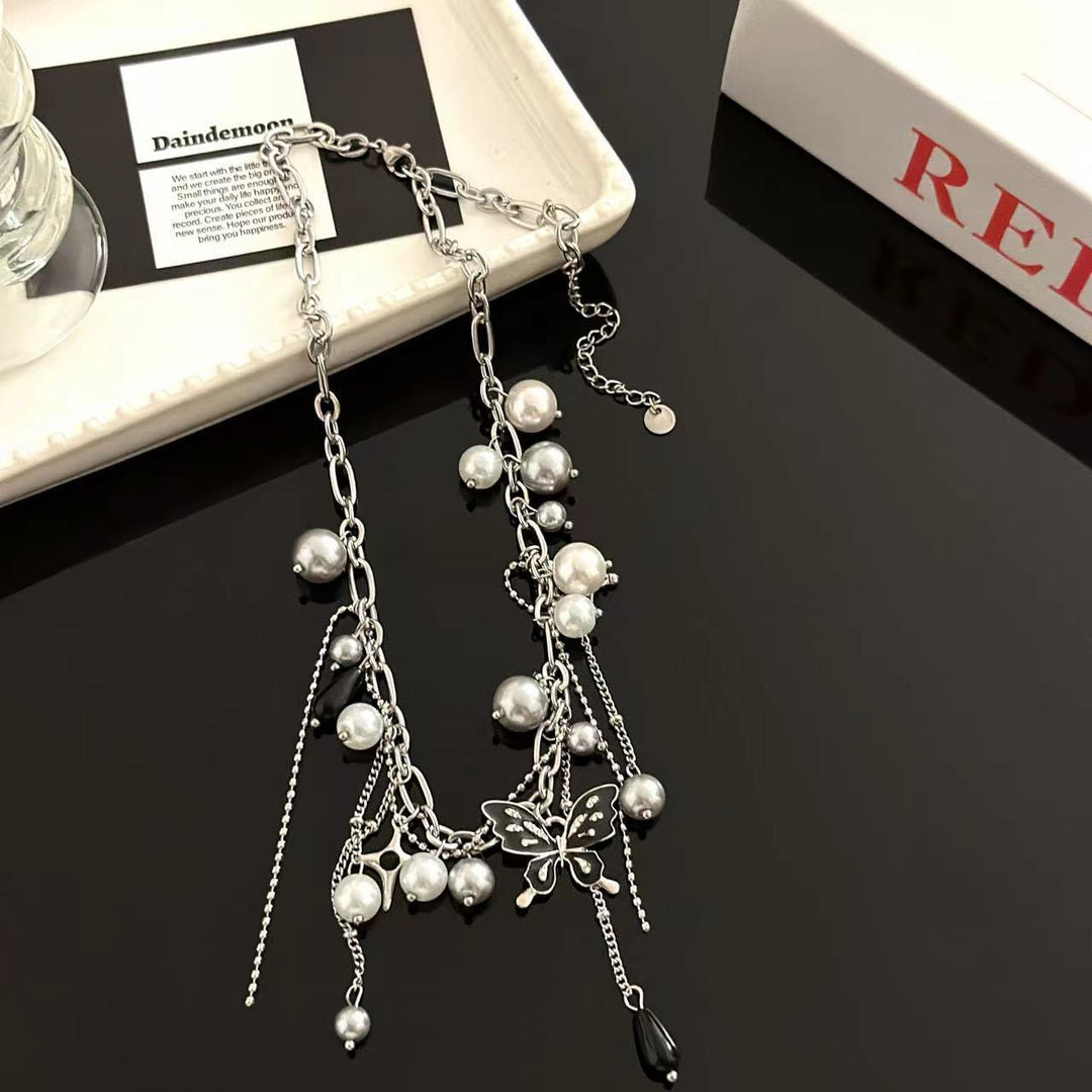 Colier de fluturi cu perle de perle la modă hip hop pentru femei
