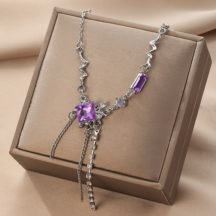 Super Fairy Temperament Purple Square Crystal Necklace for Women, Sweet and Cool Long Style, Tassel Niche, High-End Design, Collarbone Chain