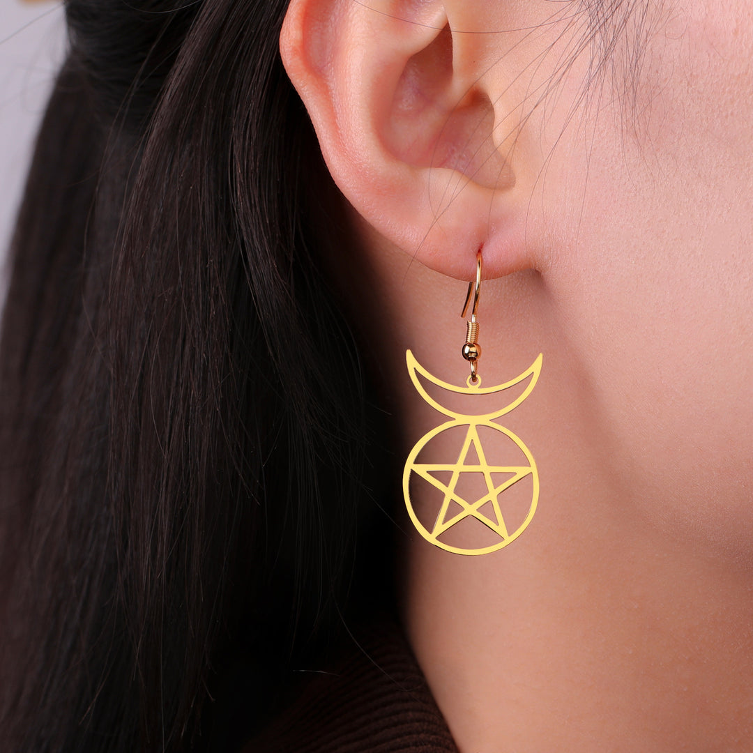 Boucles d'oreilles de haut profil et généreuses creux en acier inoxydable pendentif pentagramme