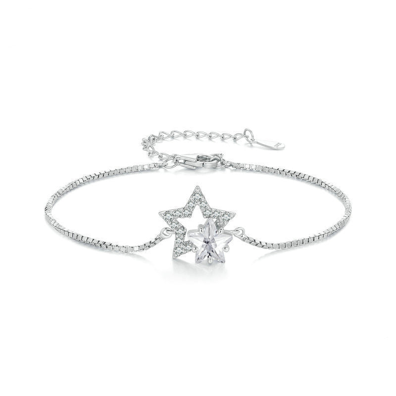 Doppelkreise Stern S925 Sterling Silber Weiß Gold plattiert fünftzartes Sternschmuck Armband