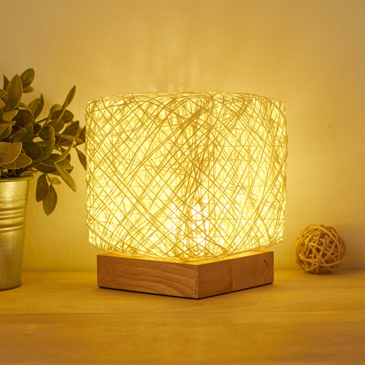 Hand-Knit Dimmable Square LED Desk Lights Wood Rattan Twine USB Charging Table Lamp Girls Bedroom Gift Home Decor Night Lighting