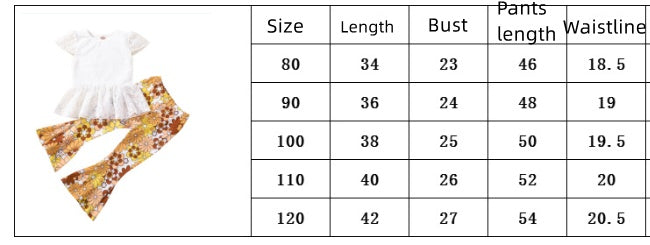 European And American Foreign Trade Young And Little Girls Lace Short-sleeved Top Bell-bottom Pants Kids Clothes Two-piece Suit One Piece Dropshipping