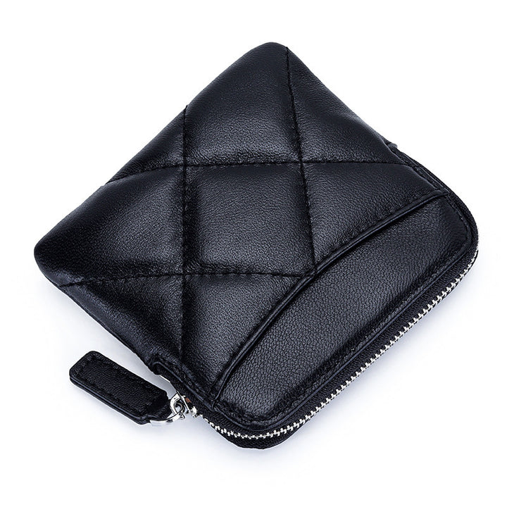 Short Sheepskin Coin Purse Women's Fashion Leather Embroidered Plaid