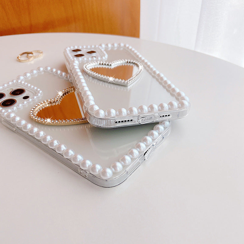 Acryl Pearl Heart Mirror Rhinestone Mobile Phone Shell