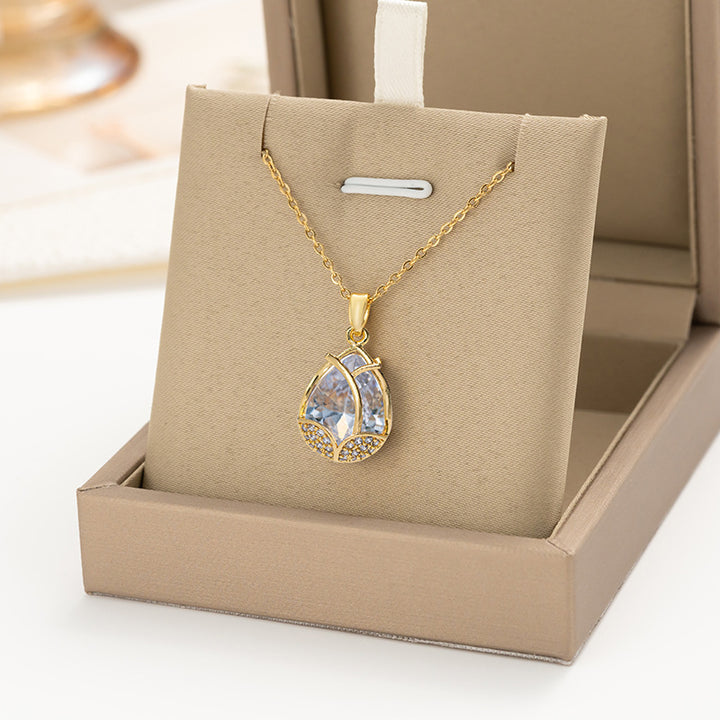 Simple Tulip Titanium Steel Necklace Women's Fashion Zircon Full Diamond Pendant