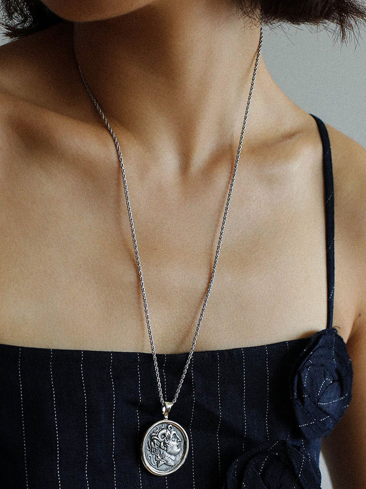 Silver Coin Long Necklace Women's Retro Simple Chain