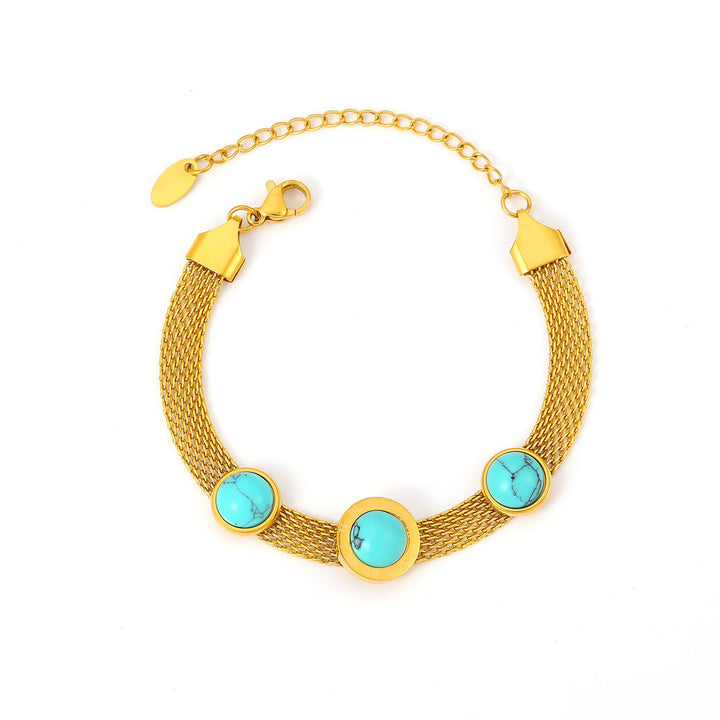 European And American Style New Wide Surface Mesh Round Brand Turquoise Bracelet Retro Personality Design Titanium Steel Plated 18K Gold Accessories