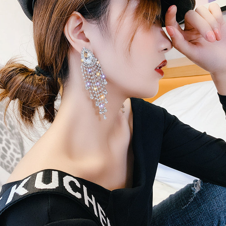 Women's Exaggerated Rhinestone Long Tassel Earrings