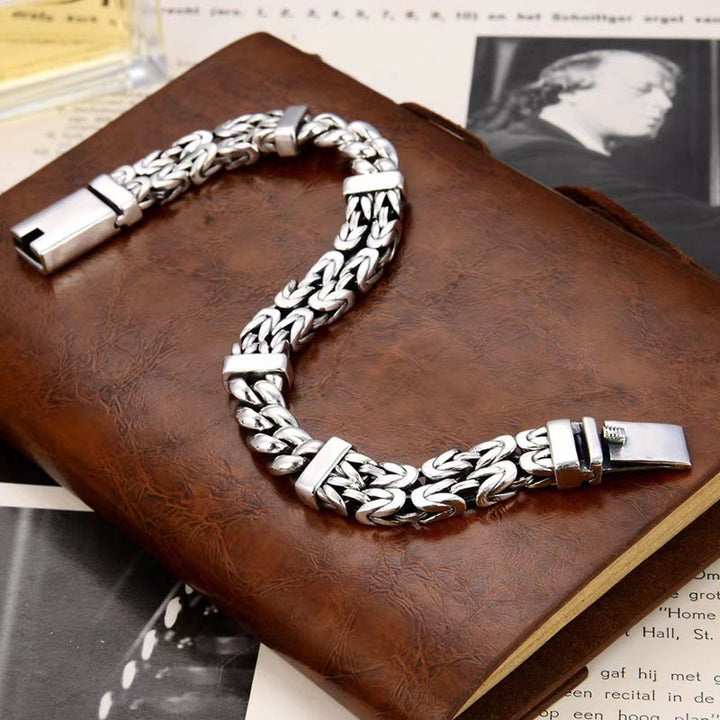 S925 Sterling Silver Trendy Men's Personalized Bracelet New Chinese Style Double Woven Safety Pattern Handmade Chain